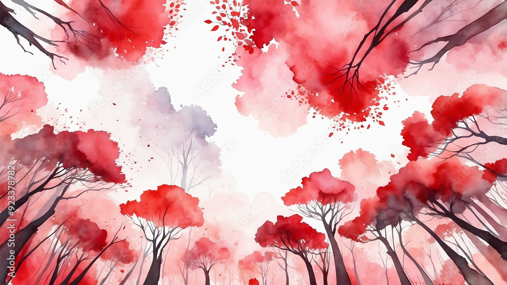 Wall mural red theme abstract forest canopy in watercolor painting background art design .jpg