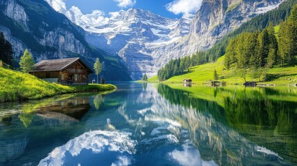 Fototapeta premium Idyllic Swiss Alps lake scene with wooden cabin reflecting mountains and lush greenery.