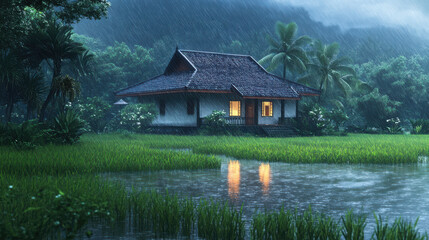 Obraz premium A peaceful house surrounded by a wet paddy field, rain creating ripples, with natural, realistic light.
