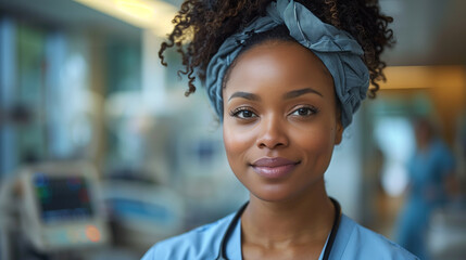 A young female doctor with a warm smile stands in a hospital setting, with medical equipment and colleagues visible in the background.