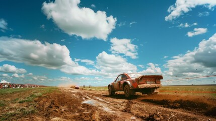 A thrilling rally race on a muddy track under a bright blue sky, showcasing the excitement of motorsport.