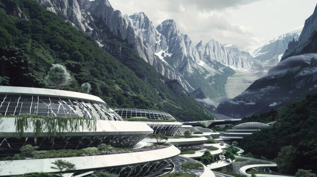 Futuristic architecture nestled between lush, green valleys and magnificent snow-capped mountains, forming a serene and imaginative utopian landscape.