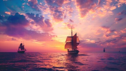 Fototapeta premium A serene seascape with majestic sailing ships softly lit by a stunning, vibrant sunset, creating an atmosphere of tranquility and adventure.