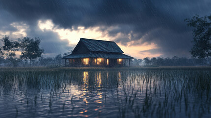 Fototapeta premium A peaceful house surrounded by a wet paddy field, rain creating ripples, with natural, realistic light.