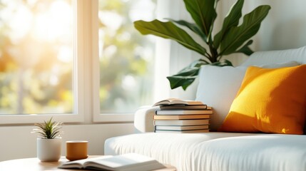 A well-lit and cozy living space featuring a white sofa adorned with an orange pillow, a stack of books, a small potted plant, and a large leafy plant beside a window.