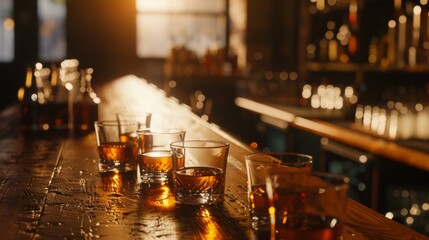 Glasses of whiskey lined up on a wooden bar counter, bathed in warm evening light, evoke a sense of camaraderie and relaxation in a cozy bar.