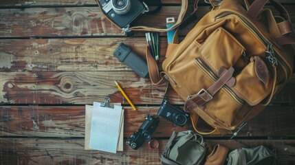 An overhead view of travel essentials sprawled on a rustic wooden table, including a backpack, cameras, a notebook, and a pencil, ready for an adventure.