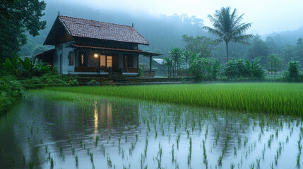 Obraz premium A peaceful house surrounded by a wet paddy field, rain creating ripples, with natural, realistic light.