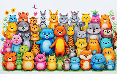 Fototapeta premium Illustrative childlike depiction of various cute and friendly animals from nature in bright colors