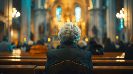 Obraz premium Elderly woman joins others in prayer on a church bench