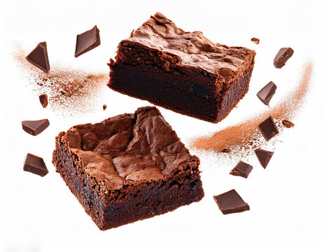 Pieces of chocolate brownies floating or falling in mid air, isolated on white background