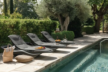 Elegant dark grey sunbeds with armrests by a poolside, accompanied by a small table with fruit plates and drinks, surrounded by green hedges in daylight.