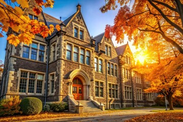 intricate doodle of historic school building facade with ornate architecture amidst autumn foliage with warm golden light and subtle shadows