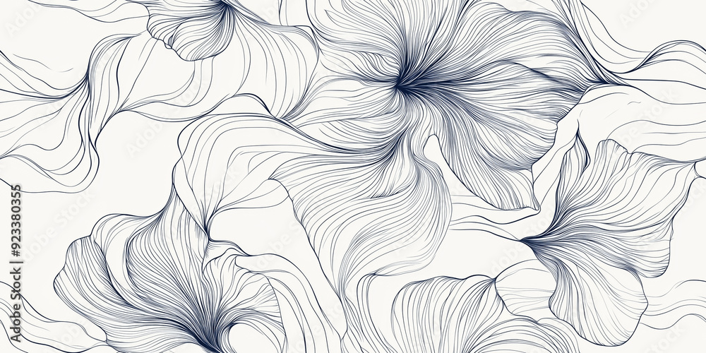 Wall mural fine floral line art with graceful curves and organic forms, seamless pattern