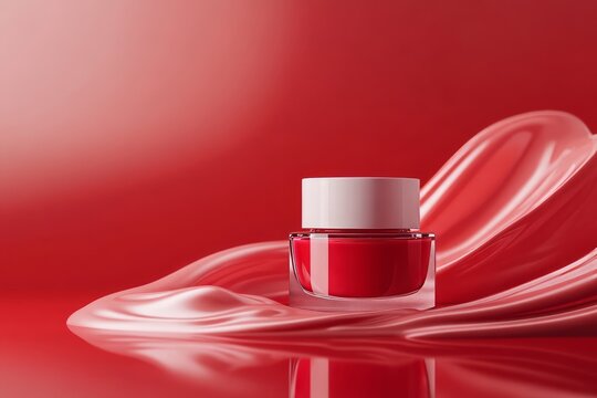 advertising skin care cosmetics with bold red background , for red skin cream jar, bold color , maroon red