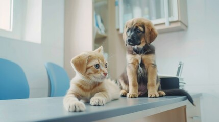 An adorable orange kitten and a cute brown puppy sit side by side on a table, in what looks like a veterinary clinic, bathed in soft natural light.