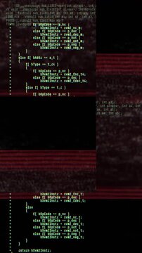 Abstract digital glitch effect with noise looped background for hacked mobile phone screen. Error signal loop. Virus code and software hack concept. Cyber security. Vertical video footage