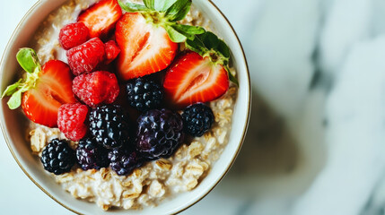 Oatmeal with mixed berries, captured from above in the kitchen on a marble countertop, showcases its natural beauty and health appeal