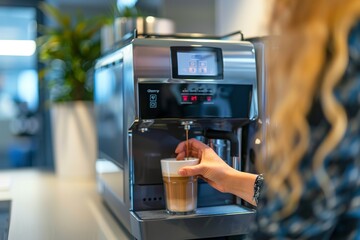 A Woman using coffee machine in office closeup.
