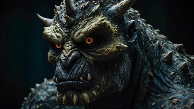 A powerful creature emerges with fierce eyes and spiked skin, towering in darkness, evoking both fear and awe in its presence.