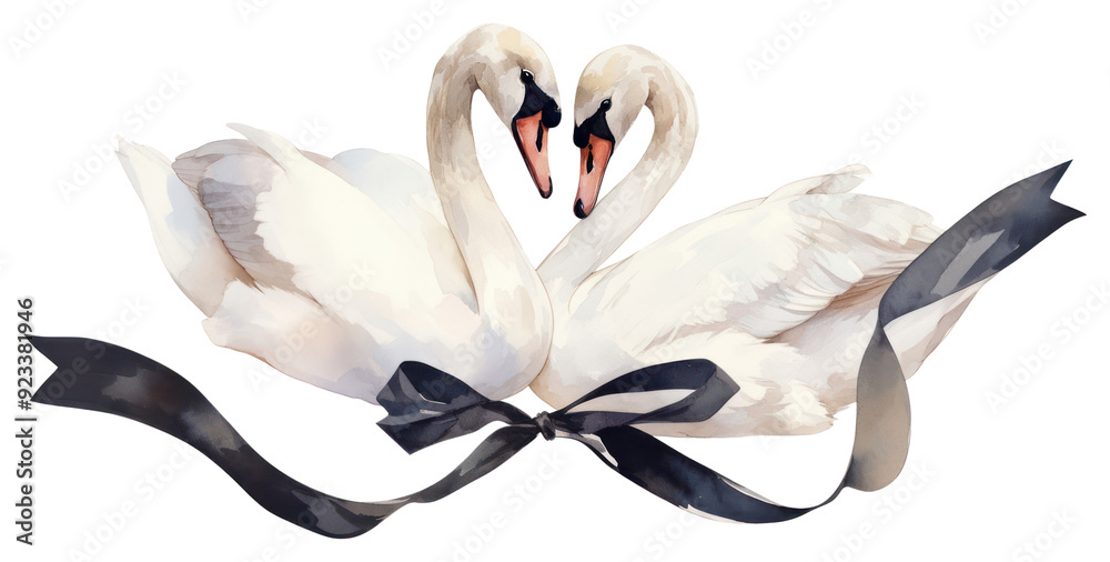 Sticker png elegant swans with black ribbon