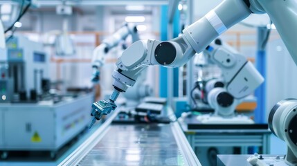 A high-tech robotic arm diligently working on an assembly line in a modern, brightly lit industrial setting.