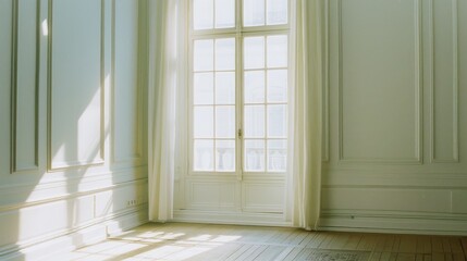 A sunlit empty room adorned with elegant white walls, large windows, and flowing curtains, presenting a pristine and tranquil space.