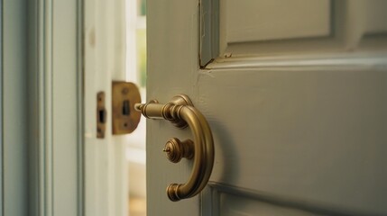 Obraz premium A close-up view of a partially opened door with a vintage golden handle, inviting light and warmth.