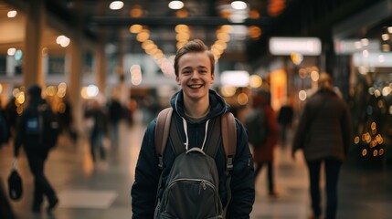 A cheerful young man with a backpack stands in a bustling indoor market, radiating positivity and youthful energy.