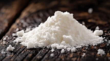 Pile of white powder on a rustic wooden surface, emphasizing the contrast between the smooth powder and rough, textured wood.