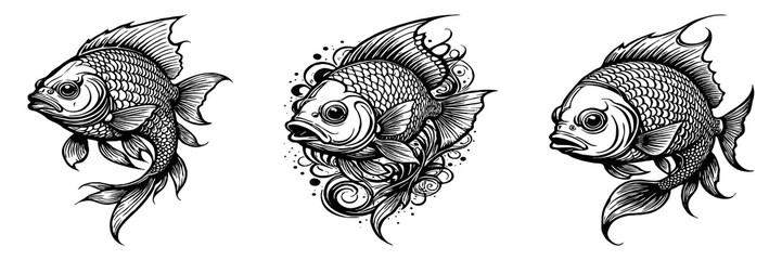 Fish. Line art. Logo design for use in graphics. T-shirt print, tattoo design. Minimalist illustration for printing on wall decorations.