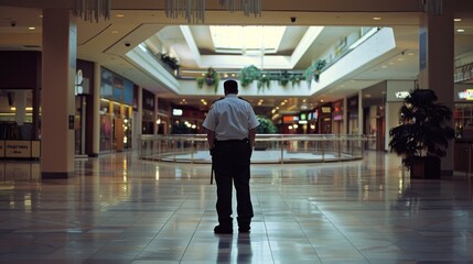 A solitary security guard stands vigil in the expansive, empty mall, with his back to the camera, surveying the silent interior.