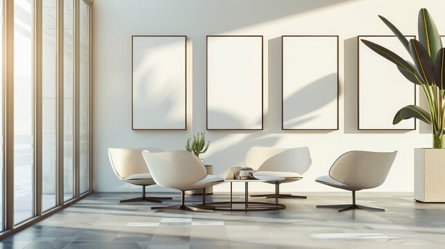A contemporary, minimalistic office space bathed in natural light, featuring cozy chairs, a coffee table, and neutral decor.
