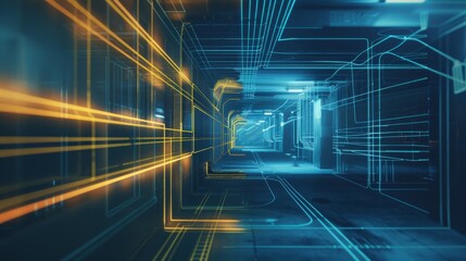 Digital lines of yellow and blue light creating a futuristic and dynamic hallway, symbolizing speed and technological advancement.