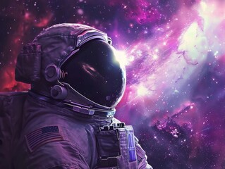 A lone astronaut in a spacesuit observes the colorful, star-filled expanse of a nebula in deep outer space
