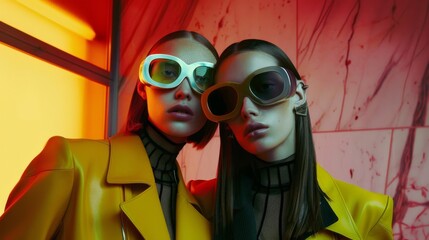 Two individuals in vibrant yellow jackets and futuristic goggles stand together against a neon-lit background, exuding modern style.