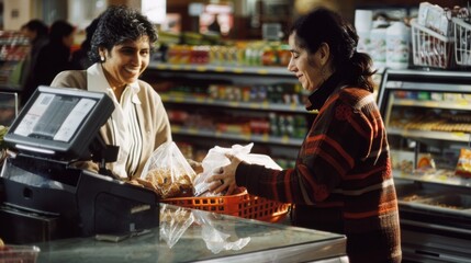 Two women engage in a warm conversation at a supermarket checkout, as one hands over a basket overflowing with groceries.