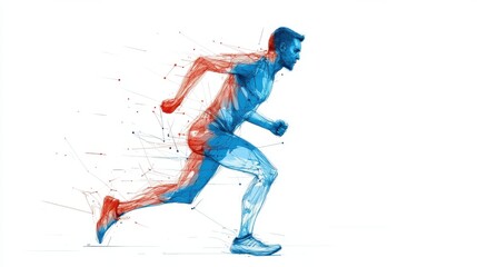Abstract digital art depicting a man running, with dynamic lines and a blue hue representing motion and speed, showcasing the essence of athleticism and energy.