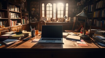 Novel coronavirus pandemic, working in old study room at home, backlit shooting