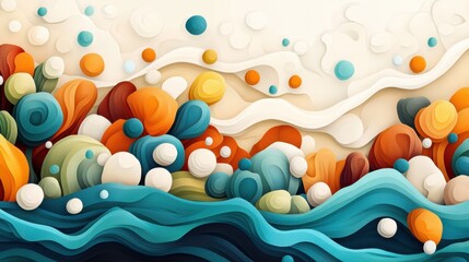 Abstract colorful digital artwork with circular and wave patterns, using a vibrant mix of orange, blue, and white hues to create a visually engaging piece.