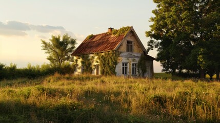 Obraz premium A quaint, ivy-covered house in a vast, sunlit meadow presents a serene landscape of solitude and rustic charm.