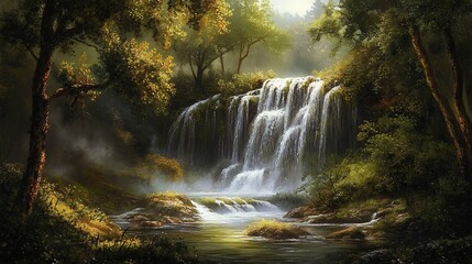 A tranquil waterfall cascades in a verdant forest, illuminated by gentle sunlight. Perfect for themes of nature, peace, and tranquility.