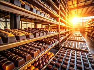 golden hour sunlight filters through rows of towering factory shelves stacked with neatly packaged artisanal chocolates warm rich tones sophisticated luxurious atmosphere earthy browns