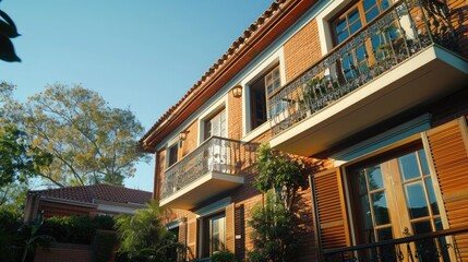 Obraz premium Orange and white brick facade exterior on guest house or home in city neighborhood at early morning sunrise or sunset. Blue sky background with green trees and visible shutters and door balcony.