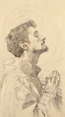 Naklejka premium Illustration of Martyrdom of St. Edmund the Martyr in 9th-Century England, Biblical Illustration, Beige Background, Copyspace