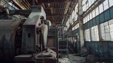 An old, abandoned industrial warehouse with rusting machinery and high windows letting in dim light.