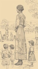 Illustration of Teaching of Children by St. Mary MacKillop in 19th-Century Australia, Biblical Illustration, Beige Background, Copyspace © T Studio