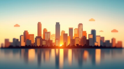 Fototapeta premium A serene sunset creates a beautiful reflection of a modern city's skyscrapers in the calm waters below, capturing tranquility amidst urban landscapes.