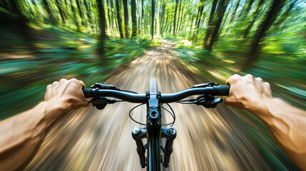 first-person view of someone riding their mountain bike on an off-road trail in the forest, with hands holding onto the handlebars and a speed blur effect