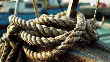 Fototapeta premium Close-up shot of coiled rope on a weathered wooden surface, evoking a taste of maritime adventures and the rugged life at sea.